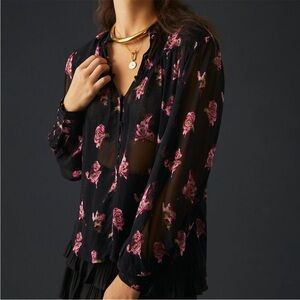 Anthropologie Sheer Relaxed Lightweight Floral Blouse Size L Black Pink